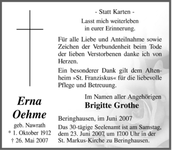Traueranzeige von Erna Oehme von Tageszeitung