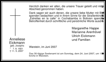 Traueranzeige von Anneliese Eickmann von Tageszeitung
