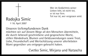 Traueranzeige von Radojka Simic von Tageszeitung