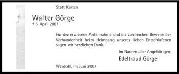 Traueranzeige von Walter Görge von Tageszeitung