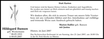 Traueranzeige von Hildegard Bunsen von Tageszeitung