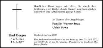 Traueranzeige von Karl Berger von Tageszeitung