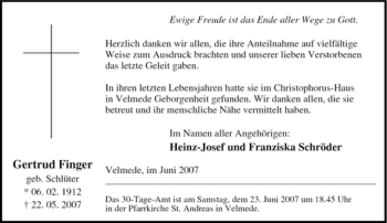 Traueranzeige von Gertrud Finger von Tageszeitung