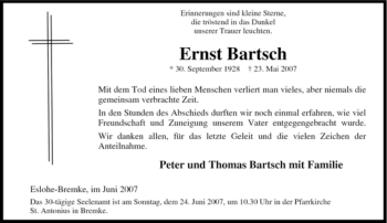 Traueranzeige von Ernst Bartsch von Tageszeitung