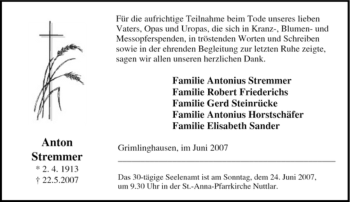 Traueranzeige von Anton Stremmer von Tageszeitung