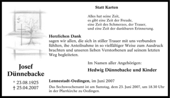 Traueranzeige von Josef Dünnebacke von Tageszeitung