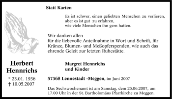 Traueranzeige von Herbert Hennrichs von Tageszeitung