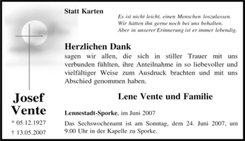 Traueranzeige von Josef Vente von Tageszeitung