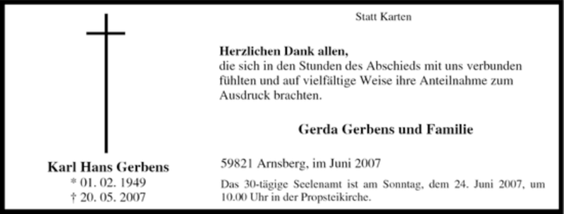  Traueranzeige für Karl Hans Gerbens vom 19.06.2007 aus Tageszeitung