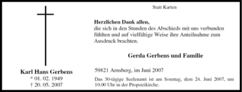 Traueranzeige von Karl Hans Gerbens von Tageszeitung