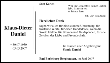 Traueranzeige von Klaus-Dieter Daniel von Tageszeitung