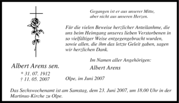 Traueranzeige von Albert Arens von Tageszeitung