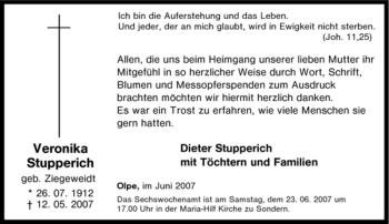 Traueranzeige von Veronika Stupperich von Tageszeitung