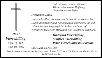 Traueranzeige von Paul Vierschilling von Tageszeitung