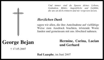 Traueranzeige von George Bejan von Tageszeitung