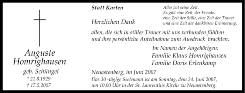  Traueranzeige für Auguste Homrighausen vom 20.06.2007 aus Tageszeitung
