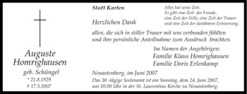 Traueranzeige von Auguste Homrighausen von Tageszeitung