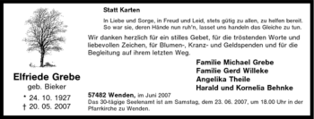 Traueranzeige von Elfriede Grebe von Tageszeitung