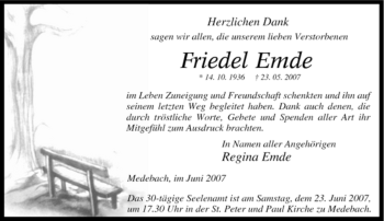 Traueranzeige von Friedel Emde von Tageszeitung