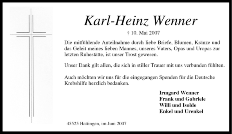 Traueranzeige für Karl-Heinz Wenner vom 20.06.2007 aus Tageszeitung
