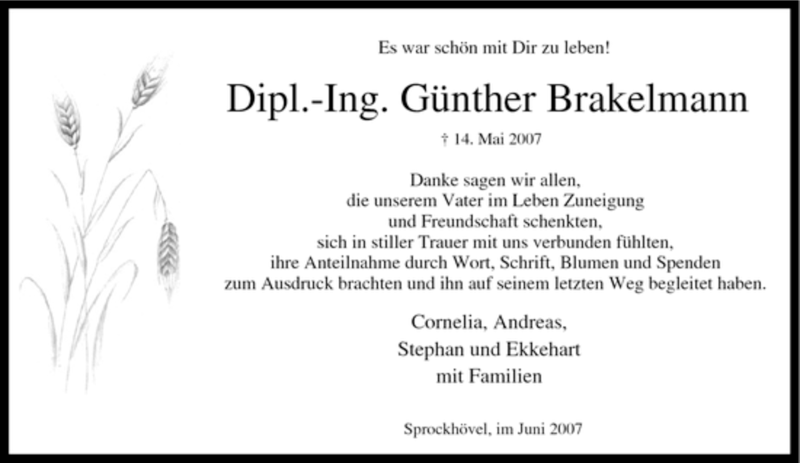  Traueranzeige für Günther Brakelmann vom 20.06.2007 aus Tageszeitung