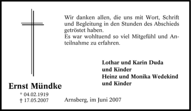  Traueranzeige für Ernst Mündke vom 20.06.2007 aus Tageszeitung