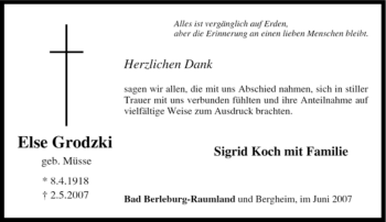 Traueranzeige von Else Grodzki von Tageszeitung