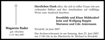 Traueranzeige von Magareta Bader von Tageszeitung