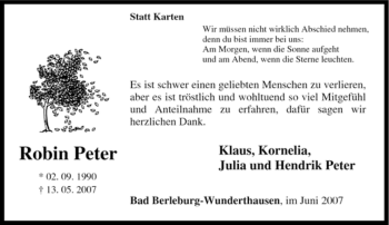 Traueranzeige von Robin Peter von Tageszeitung