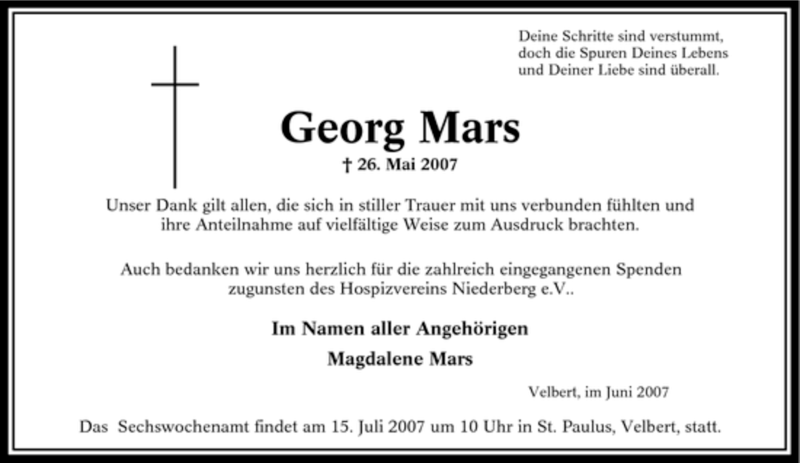  Traueranzeige für Georg Mars vom 21.06.2007 aus Tageszeitung