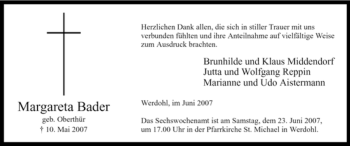 Traueranzeige von Margareta Bader von Tageszeitung