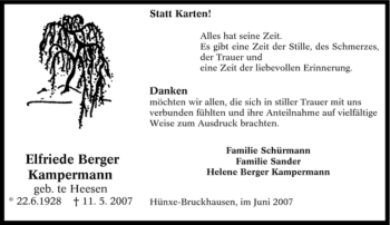 Traueranzeige von Elfriede Berger Kampermann von Tageszeitung