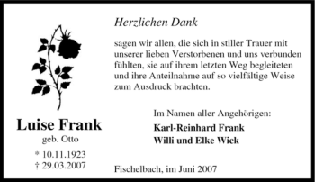 Traueranzeige von Luise Frank von Tageszeitung