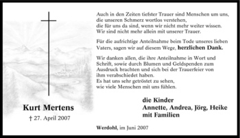 Traueranzeige von Kurt Mertens von Tageszeitung