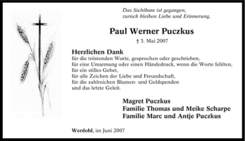 Traueranzeige von Paul Werner Puczkus von Tageszeitung