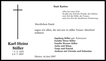 Traueranzeige von Karl-Heinz Stiller von Tageszeitung