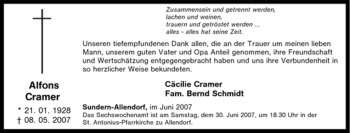 Traueranzeige von Alfons Cramer von Tageszeitung