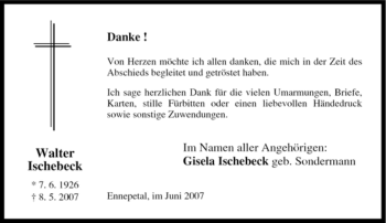 Traueranzeige von Walter Ischebeck von Tageszeitung