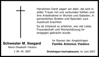 Traueranzeige von Schwester M. Ilsegard von Tageszeitung