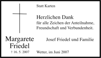 Traueranzeige von Margarete Friedel von Tageszeitung