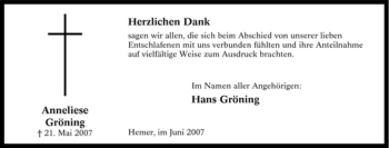 Traueranzeige von Anneliese Gröning von Tageszeitung