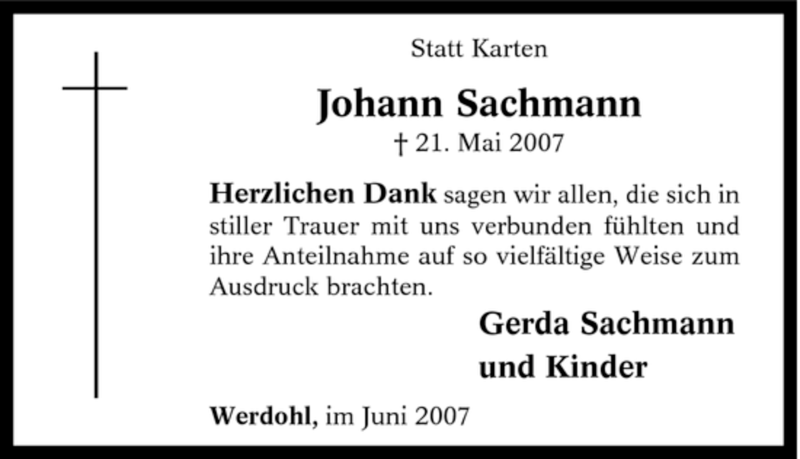  Traueranzeige für Johann Sachmann vom 23.06.2007 aus Tageszeitung