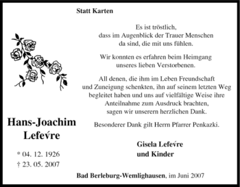Traueranzeige von Hans-Joachim Lefevre von Tageszeitung