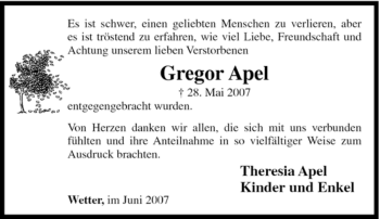 Traueranzeige von Gregor Apel von Tageszeitung