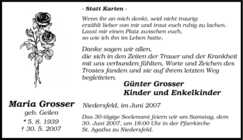 Traueranzeige von Maria Grosser von Tageszeitung