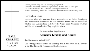 Traueranzeige von Paul Kräling von Tageszeitung