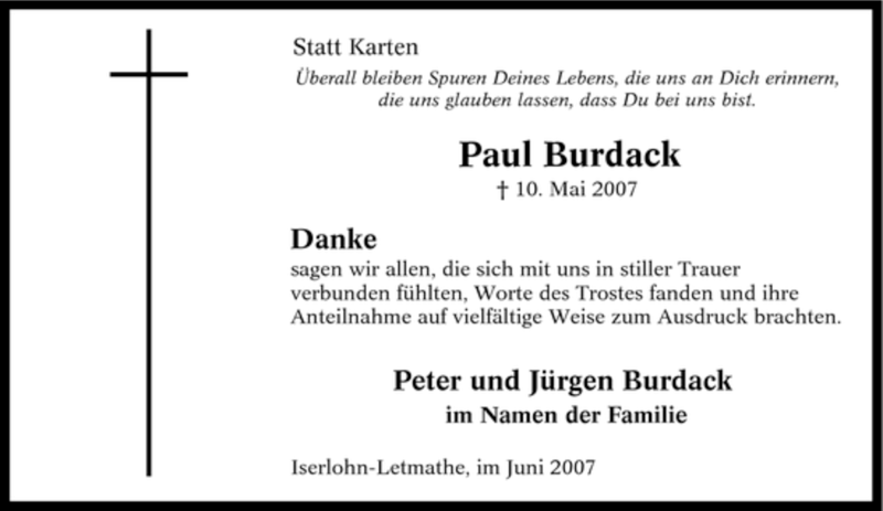 Traueranzeige für Paul Burdack vom 23.06.2007 aus Tageszeitung