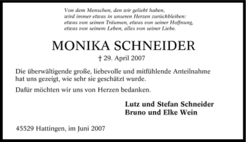 Traueranzeige von Monika Schneider von Tageszeitung