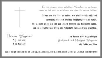 Traueranzeige von Thomas Wegener von Tageszeitung
