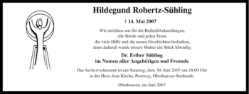 Traueranzeige von Hildegund Robertz-Sühling von Tageszeitung